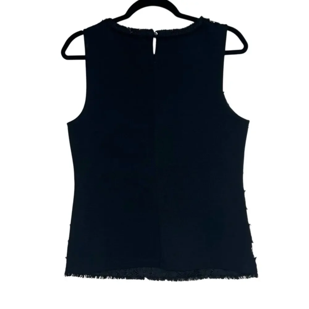 J Crew Fringy Tweed Lace Tank Top M Black Nude Eyelash Fringe Trim Blouse Career